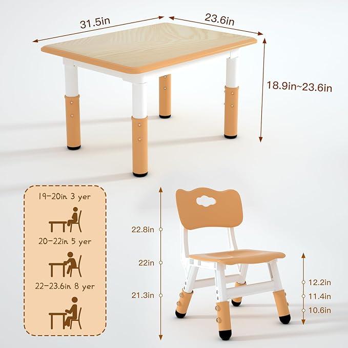 Kids Study Table and 2 Chairs Set,Height Adjustable Table and Chairs for Children and Toddlers,31.5