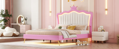Full Size Upholstered Bed Frame with LED Lights, Modern Upholstered Princess Bed with Crown Headboard, Pink+White