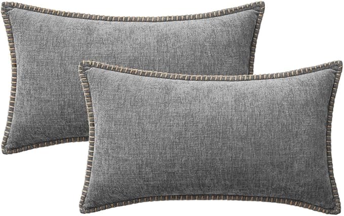 MIULEE Pack of 2 Couch Throw Pillow Covers 12x20 Inch Dark Gray Farmhouse Decorative Pillow Covers with Stitched Edge Soft Chenille Solid Dyed Spring Pillow Covers for Sofa Bed Living Room
