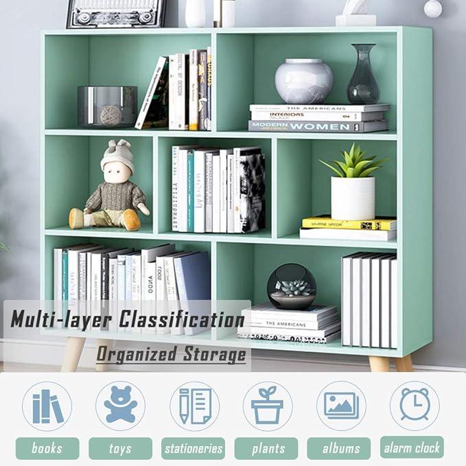 IOTXY Wooden Open Shelf Bookcase - 3-Tier Floor Standing Display Cabinet Rack with Legs, 7 Cubes Bookshelf, Tiffany-Green