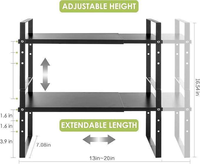 Expandable Cabinet Shelf Organizer Rack, Stackable Kitchen Counter Storage Shelves Stand, Adjustable Height Pantry Shelf Spice Rack (Black, 2 Pack)