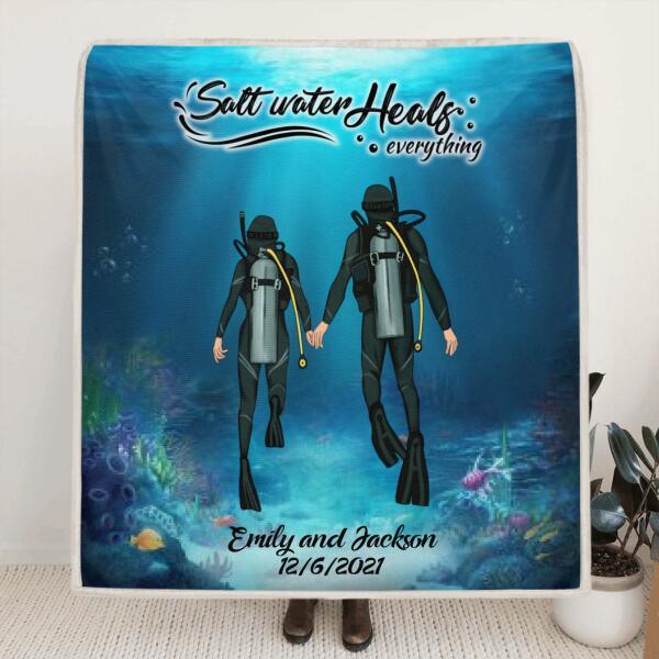 Personalized Couple Diving Quilt/Fleece Blanket - Best Gift For Couple - Salt Water Heals Everything