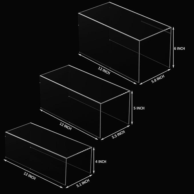 Clear Display Risers Shelf 3pcs, Countertop Rectangular Acrylic Display Storage Organizer, Acrylic Stands for Funko Pop Figure, Cosmetics, Bags, Shoes, Toys, Collectibles - 12- 4'', 5'', 6''