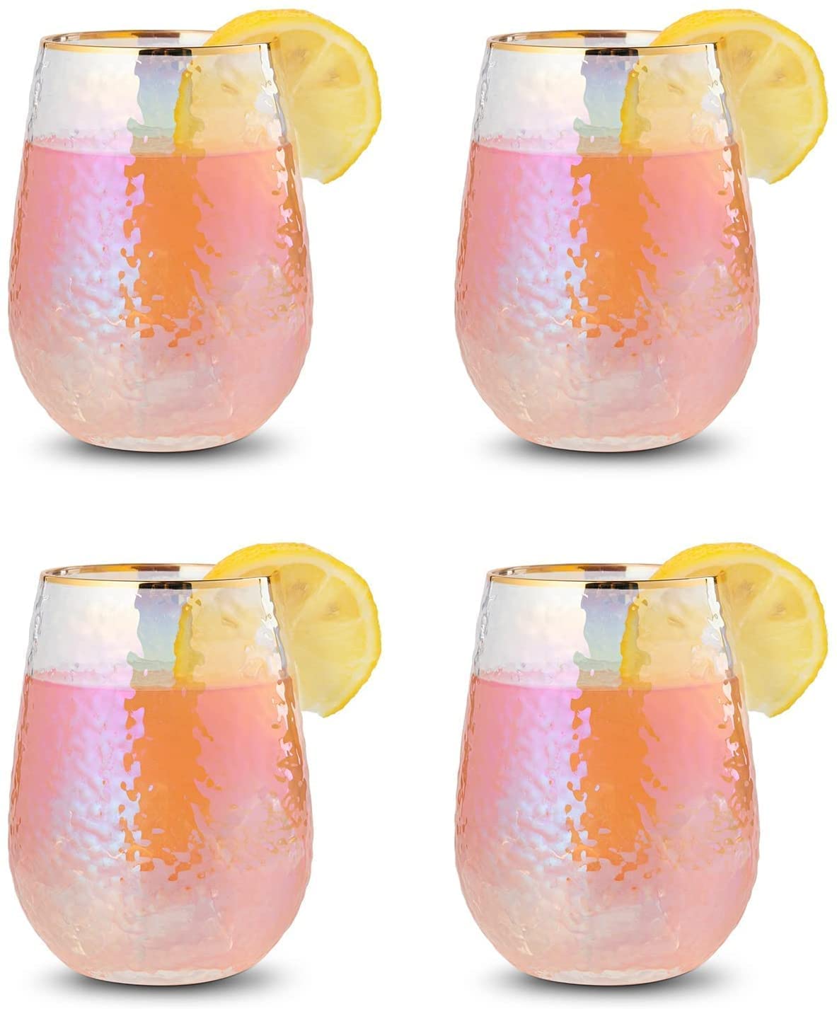Festive Lustered Iridescent Stemless Wine & Water Glasses - Set of 4-100% Glass 15oz Mouthblown Colorful Glasses - Anniversaries, Birthday Gift, Cocktail Party Radiance - Water, Whiskey, Juice, Gift