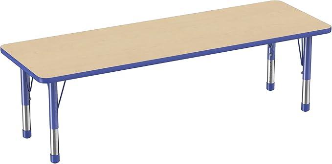 Factory Direct Partners FDP Rectangle Activity School and Classroom Kids Table (24 x 72 inch), Chunky Toddler Legs, Adjustable Table Height 15-24 inches - Maple Top and Blue Edge