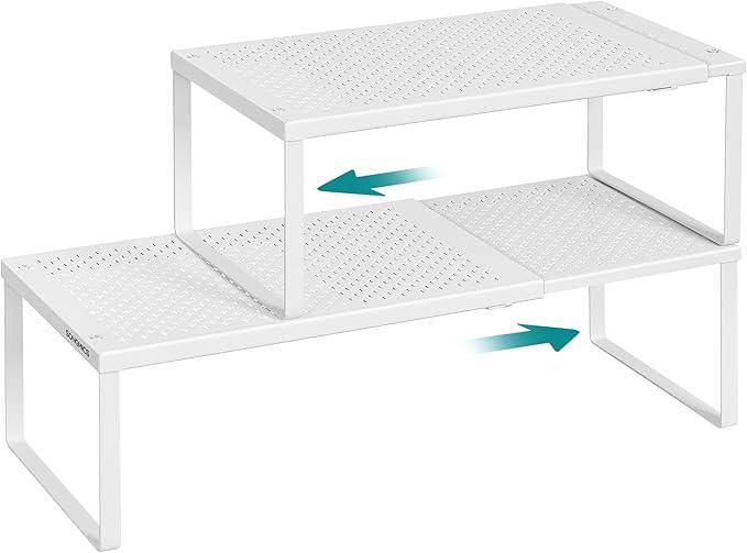 SONGMICS Spice Racks, Set of 2 Expandable Kitchen Countertop Shelves, Small Cupboard Organizers, Metal, Space-Saving Tabletop Shelves, Matte White UKCS402W01
