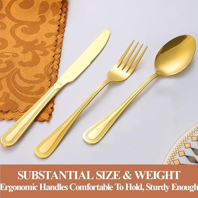20 Pcs Gold Silverware Set for 4 with Pearled Edge Handle design, Food Grade Stainless Steel Flatware Set, Eating Utensils Sets Include Fork/Knife/Spoon, Reusable Cutlery Set, Dishwasher Safe