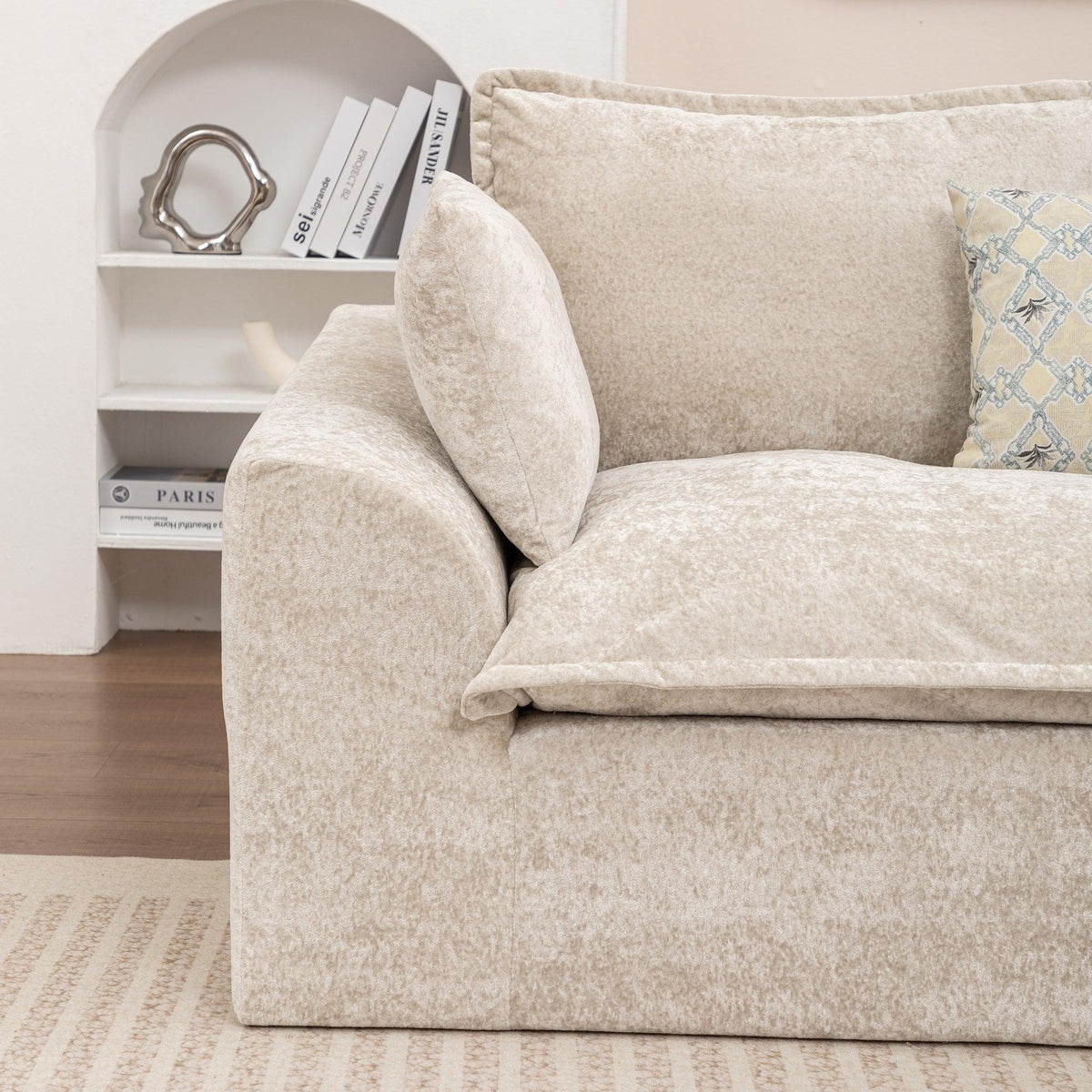 Ivory Chenille L‑Shaped Modular Sectional Compressed Sofa