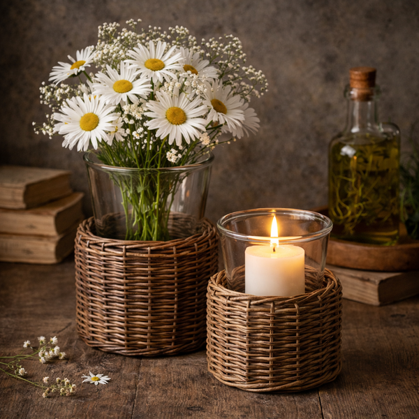 Woven Willow Glass Hurricane Holder