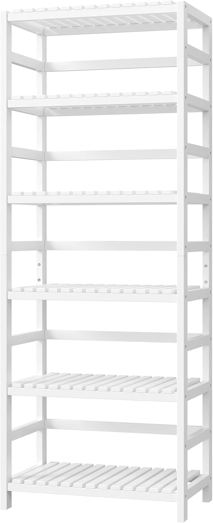 FOTOSOK 6-Tier Bamboo Shelf, Bamboo Bookcase with Adjustable Shelves, Free Standing Storage Shelf Unit, Plant Flower Stand for Bathroom, Kitchen, Home Office, White