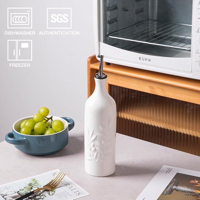 Sweejar Large Ceramic Olive Oil Dispenser Bottle, 24 Oz Relief Opaque Oil Cruet Protects Oil To Reduce Oxidation, Storage Oil, Vinegar, Soy Sauce, Coffee Syrup, Liquids, Set of 1 (White)