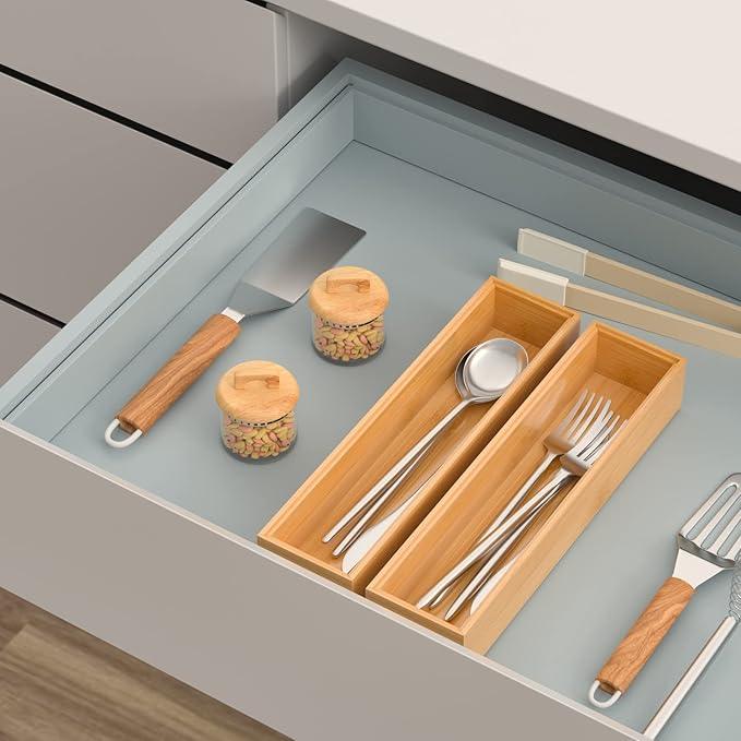 Silverware Tray for Drawer, Stackable Kitchen Bamboo Drawer Organizer 12