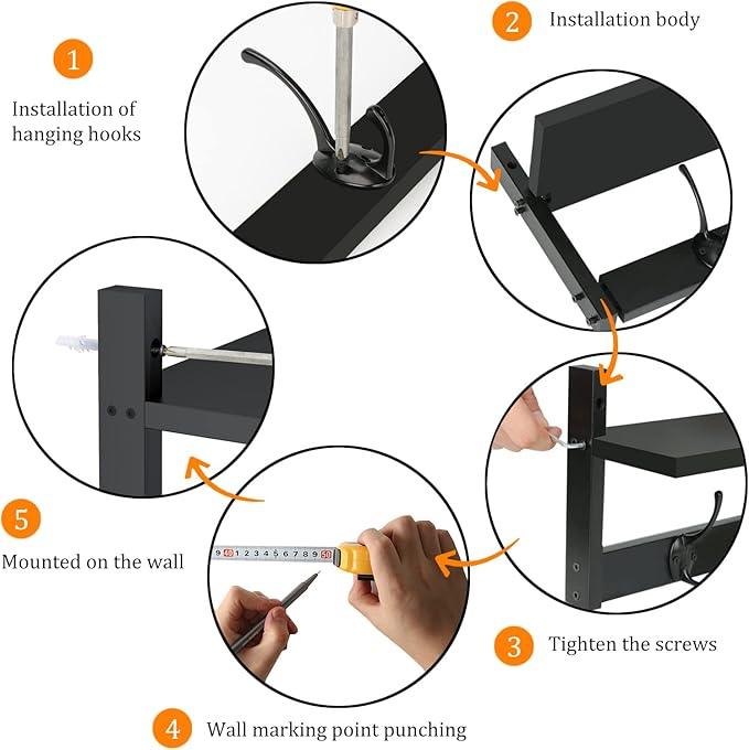 BAMEOS Wall-Mounted Shelf with Hooks - 28.9 Inch Entryway Hanging Shelf with 5 Dual Hooks for Bathroom, Living Room, Bedroom (Black)