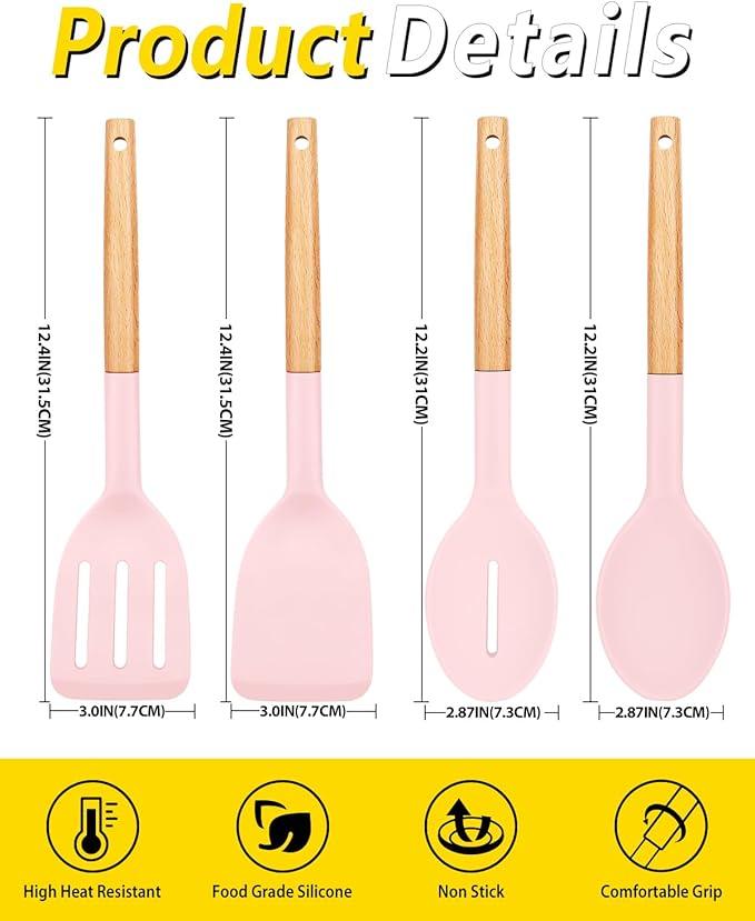 Pack of 4 Silicone Cooking Utensils Set, Non Stick Solid Spatulas and Heat Resistant Slotted Spoons with Wooden Handle, Ideal Wood Kitchen Utensils Set for Frying,Serving,Turning,Stirring (PINK)