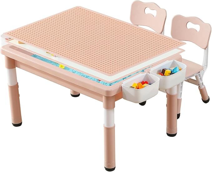 Multi Functional Kids Table and 2 Chairs Set, Graffiti & Building Blocks Double-Sided Tabletop, Toddler Play Table with Drawers, Large Storage Space, Gift for Boys/Girls, Pink