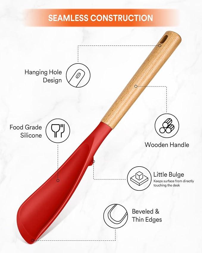 Multifunction Spatula Spoon for Nonstick Cookwares, Great for Cooking and Serving, Sturdy BPA-Free Matte Silicone, Wood Handle Spatula for Mixing, Scoop, and Scrape, Red(2 pack,11.4