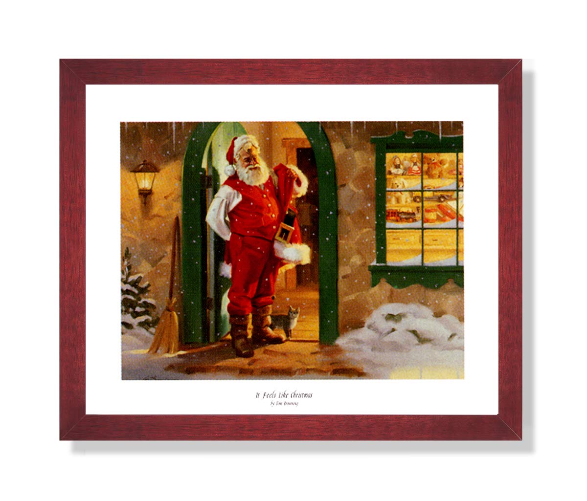 Framed Christmas Art - Santa Claus Picture with Solid Wood Cherry Frame