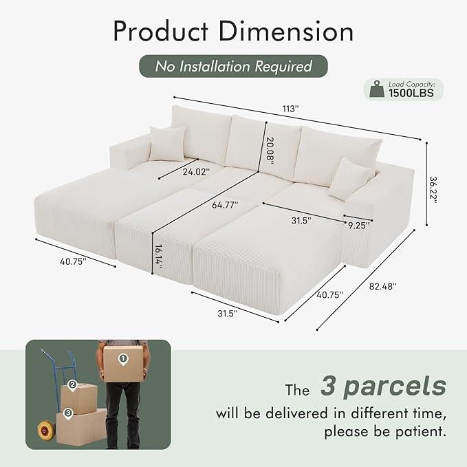 Boneless Sectional Cloud Couch Sofa Bed for Living Room, 112