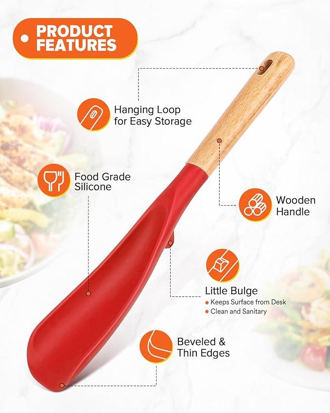 Cooking Spoon and Scraper for Nonstick Cookwares, Great for Cooking and Serving Durable BPA-Free Matte Silicone, Wood Handle Multifunction Spoon for Mixing, Scoop, and Scrape (RED)