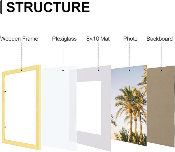 Vittanly 11x14 Picture Frames Set of 9, Shatter Resistant Plexiglass, Display 8x10 Pictures with Mat or 11x14 without Mat, Photo Frames for Wall or Tabletop, Engineered Wood, Gold