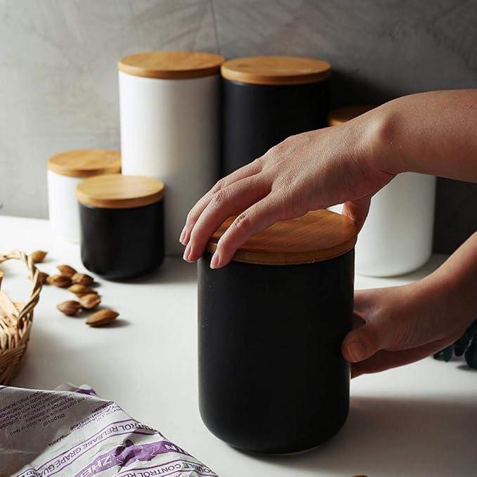 MilkyWay Food Storage Jar Strong Ceramic Storage Canisters with Airtight Seal Bamboo Lid Modern Design Seal Damp-Proof Kitchen Jar for Coffee, Tea, Spice and More (Black(S: 8.7oz/260ml))
