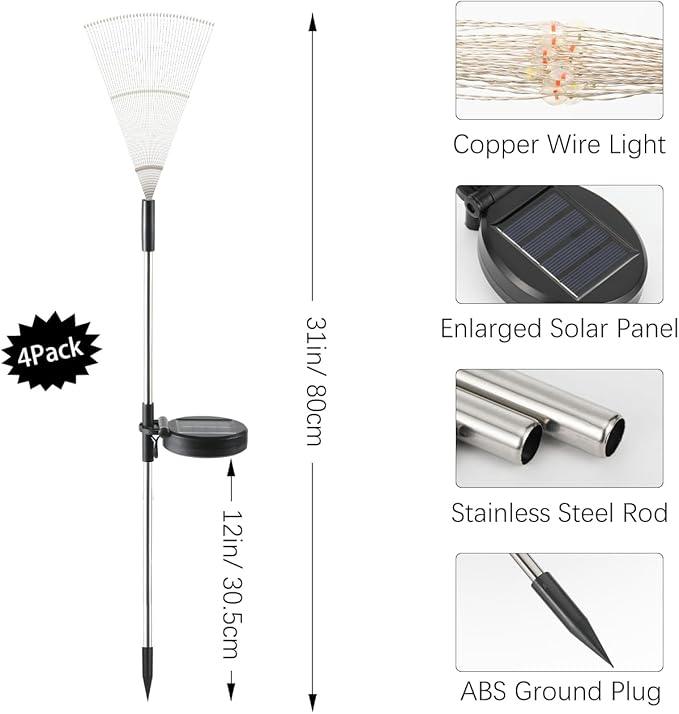 Firework Solar Garden Lights 4 Pack, 120 LED Solar Firework Lights with 8 Lighting Modes, Waterproof Sparkler Starburst Solar Lights Outdoor for Yard Porch Patio Backyard, Warm