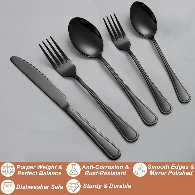 40 Pcs Black Silverware Set for 8 with Simple Striped Handle Design, Food Grade Stainless Steel Flatware Set, Eating Utensils Sets Include Fork/Knife/Spoon, Cutlery Set, Dishwasher Safe