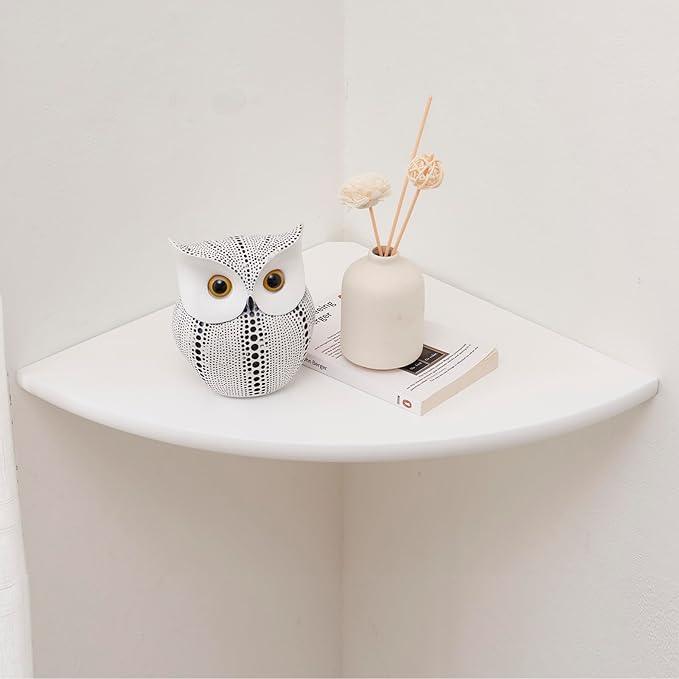 Corner Shelf, White Solid Oak Wood Floating Corner Shelves Wall Mount Round End Floating Speaker Rack Display Shelf for Small Plant Photo Frame (White, 13.8in)