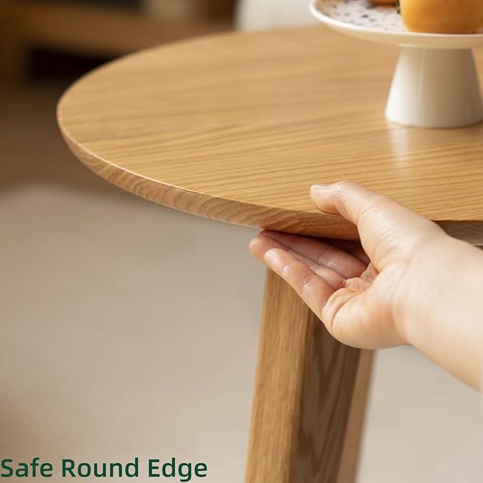 100% Solid Oak Wood Coffee Table Set, Round Coffee Table Combo Side Table w/Solid Wood Legs, Mid Century Table Sturdy Tables for Bedroom Balcony Living Room (Natural, 3 Pieces)