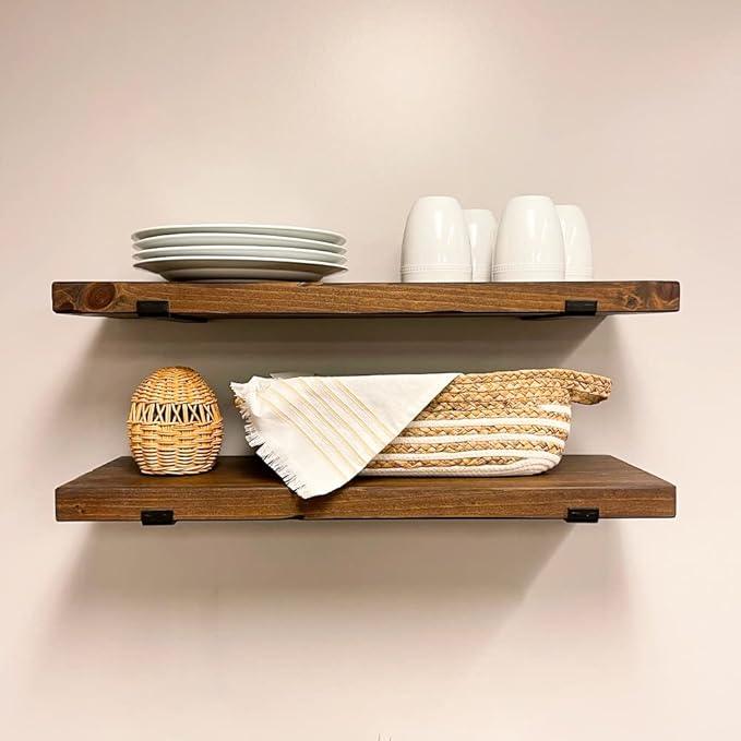 Rustic Shelves with J-Brackets Set of 2, Industrial Shelf, Kitchen Shelves, Solid Wood, Decorative Wall Storage, Heavy Duty, URBANDI (Provincial, 24Wx6D)