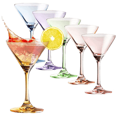 Martini Glasses Set of 6 | 8oz | Crystal Luxury Martini Glass - Elegant Colors - Premium Hand-Blown | Art Deco Cocktail Colored Coupes For Manhattan, Cosmopolitan, Sidecar, Speakeasy - Stemmed Goblets
