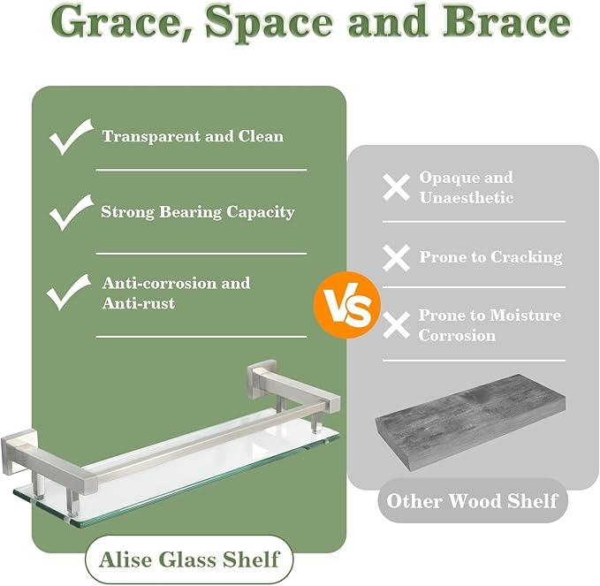 Alise Glass Shelves for Bathroom Wall, Tempered Glass Bathroom Shelf Wall Mounted, Modern Space Saving Floating Shelves 12 inch, Brushed Nickel
