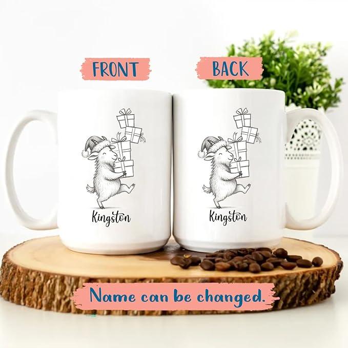 Goat Coffee Mug Gift, Personalized Name Goat Lover Ceramic Coffee Cup 11 Oz 15 Oz, Customized Goats Tea Mug Gift for Birthday/Christmas/Special Day/Holiday, Funny Animal Goats White Accent Cup