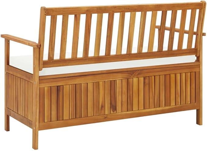 vidaXL Solid Acacia Wood Outdoor Storage Bench with Backrest, Armrests, and Cushion - 47.2