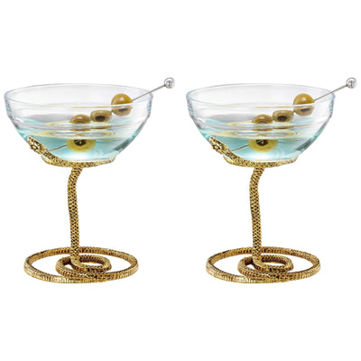 Snake Serpent Cocktail Glasses - 2 Set Gold Design Unique Reptile Inspired Barware