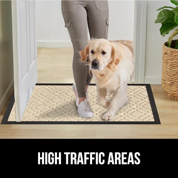 GORILLA GRIP 100% Waterproof All-Season WeatherMax Doormat US Designed Natural Rubber, Stain and Fade Resistant, Low Profile Indoor Outdoor Door Mats, Easy Clean Patio Mat, 17x29, Modern Latte