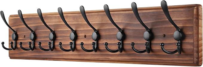 Coat Rack Wall Mount, Wooden Heavy Duty Coat Rack for Wall,8 Triple Coat Hanger Hooks for Hanging Coats,Jacket,Hat,Clothes (Brown, 8 Hooks)