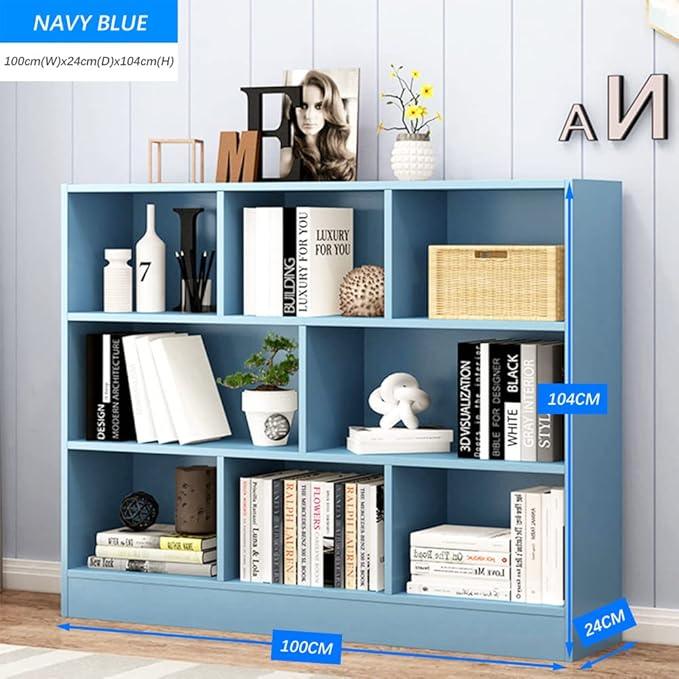 IOTXY Open Shelf Low Bookcase - Wooden 3-Tier Floor Standing Display Cabinet Organizer with Base, 8 Cubes Short Horizontal Bookshelf in Bright Blue