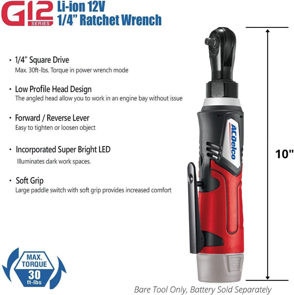 ACDelco ARW1209-K9 G12 Series 12V Lithium-Ion Battery And Charger Cordless 1/4” & 3/8” Ratchet Wrench Combo Tool Kit with Canvas Bag