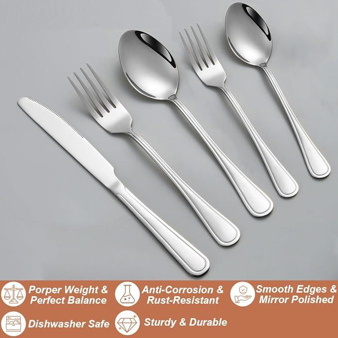 20 Pcs Silverware Set for 4 with Simple Striped Handle Design, Food Grade Stainless Steel Flatware Set, Eating Utensils Sets Include Fork/Knife/Spoon, Reusable Cutlery Set, Dishwasher Safe