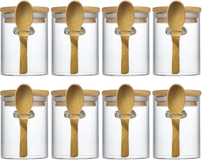 7.6 oz Airtight Mini Glass Jars with Bamboo Lids and Bamboo Spoons, Spice Jars Small Food Storage Containers for Kitchen, Bathroom, Home Decor Set of 8