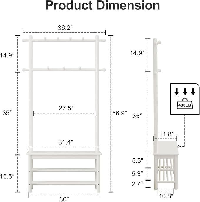 Coat Rack with Shoe Storage, Wooden Hall Tree with Bench, 11 Hooks and 2-Tier Storage Shelves, 3-in-1, Entryway Bench with Coat Rack (31.5