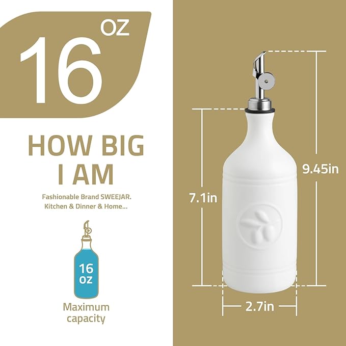Sweejar 16 Oz Ceramic Olive Oil Dispenser Bottle, Oil Dispenser for Kitchen with Gravity Spout, Relief Opaque Oil Container for Evoo, Avocado Oil, Vinegar, Soy Sauce, 1 Pack(Beige, Gold Spout)