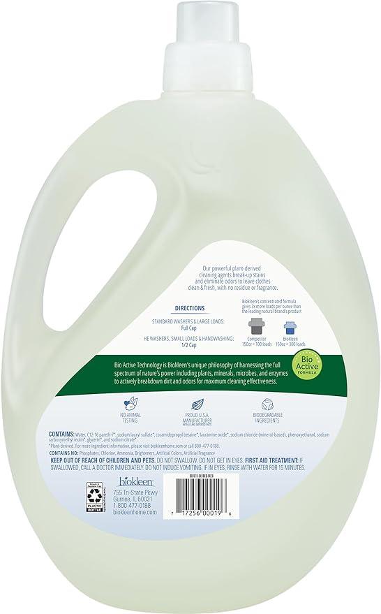 Biokleen Free & Clear Natural 3X Concentrated Liquid Laundry Detergent, 300 Loads, Plant-Based, Hypoallergenic, Removes Stains & Fights Odors, Dye Free, Unscented