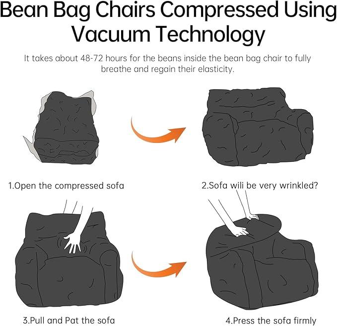 Bean Bag Chair with Filler, Bean Bag Sofa with Tufted Soft Stuffed Filling, Fluffy and Lazy Sofa, Comfy Cozy BeanBag Chairs with Memory Foam for Dorm, Apartment, Living Room (Black)