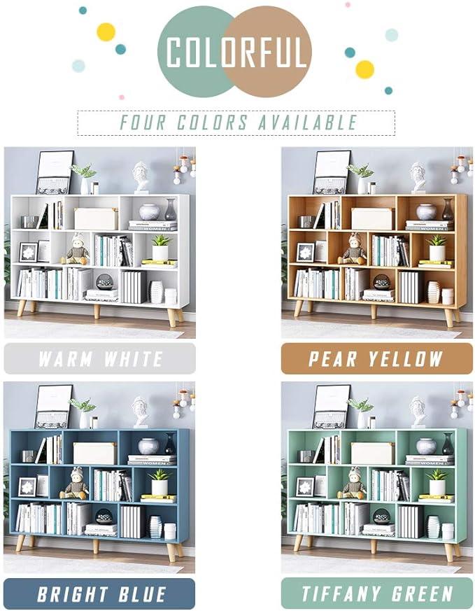 IOTXY Wooden Open Shelf Bookcase - 3-Tier Floor Standing Display Cabinet Rack with Legs, 10 Cubes Bookshelf, Warm White