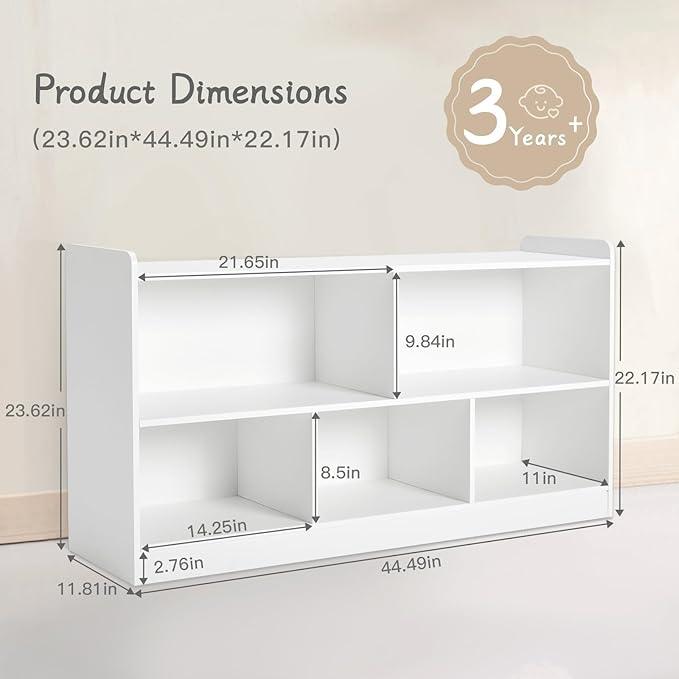 Montessori Shelf, Wooden Toy Storage Organizer for Books Toys, 2 Shelf Bookcase, 5-Section Storage Cabinet, Toddler Book Shelf for Kids Rooms, Playroom, Nursery, Kindergarten