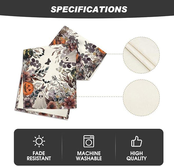 Artoid Mode Jack-O'-Lantern Pumpkin Floral Ghost Halloween Table Runner, Eucalyptus Kitchen Dining Table Decoration for Home Party Decor 13x60 Inch