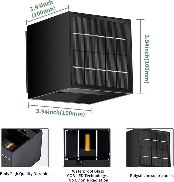 LANFU Solar Powered Motion Sensor Square Outdoor Wall Lights, Black Modern Up and Down Wall Lamps, IP65 Waterproof Warm White 3000K Wall Sconce Light Exterior for Fence Garden Outside