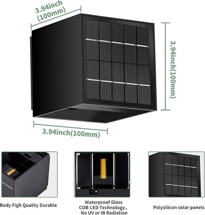 LANFU Solar Powered Motion Sensor Square Outdoor Wall Lights, Black Modern Up and Down Wall Lamps, IP65 Waterproof Warm White 3000K Wall Sconce Light Exterior for Fence Garden Outside